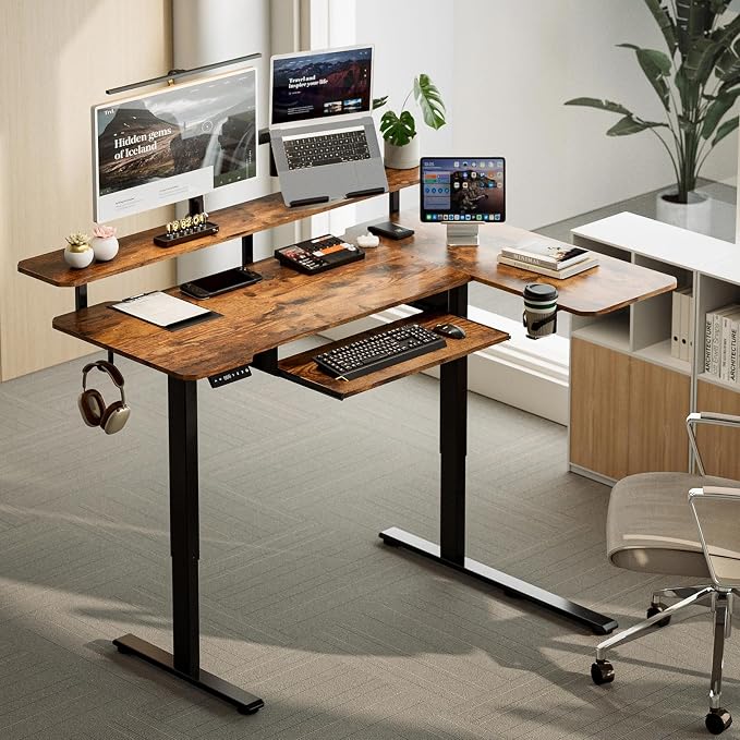 Acrolix 59 Inch L Shaped Standing Desk with Shelves and Keyboard, Electric Corner Standing Desk Adjustable Height, Sit Stand Computer Table with Reversiable Splice Board,Rustic Brown