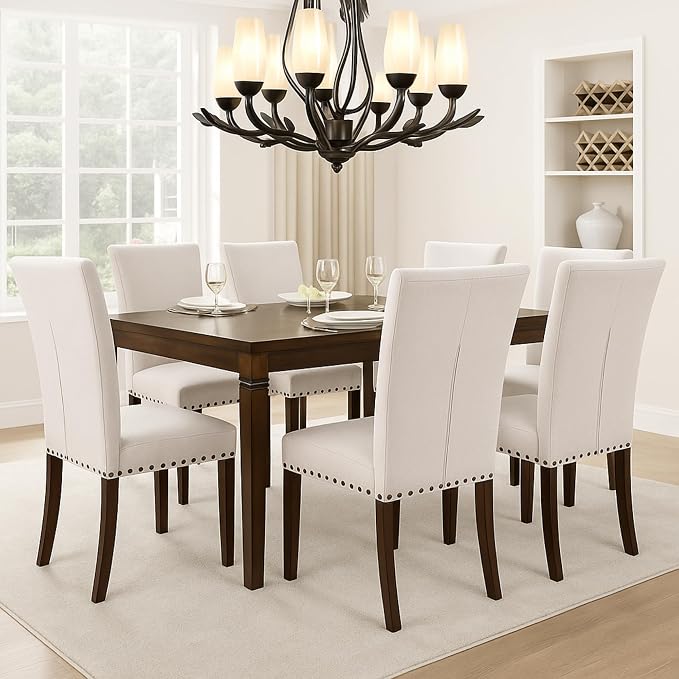 Set of 4 Beige Upholstered Dining Chairs, Farmhouse Kitchen Chairs with High Back Support, Solid Rubberwood Legs, Comfortable Padded Seat, Bronze Nailhead Trim, Dining Room Chairs for Family Meals