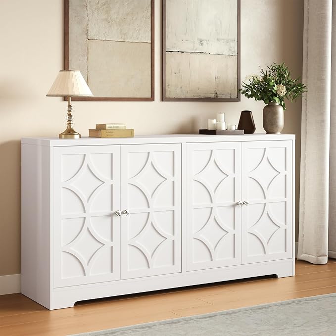 RoyalCraft Sideboard Buffet Cabinet with Storage, 56" Modern Sideboard with 4 Carved Doors, Large Wood Coffee Bar Console Table for Kitchen, Dining Room, Entryway, Living Room, Satin White