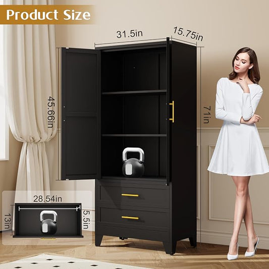 GAIOUS Steel Pantry Cabinet, 71" Metal Storage Cabinets with 2 Doors | 2 Adjustable Shelf and 2 Drawers, Freestanding Storage Cabinet for Bedroom, Kitchen, Home Office (Black)