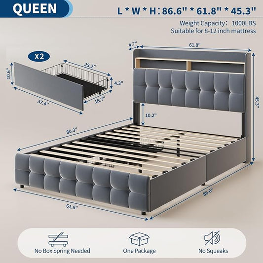 IDEALHOUSE Queen Size Upholstered Bed Frame Fabric with Storage Drawers and LED Lights, Headboard and Frame for Cozy Bedroom Sets Upgrades