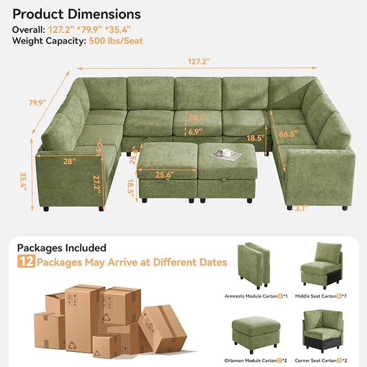 127'' Oversized U Shaped Modular Sofa, Sectional Couches with Storage for Living Room, Modern 9 Seater Cloud Sectional Couch with Movable Ottoman, Chenille Green