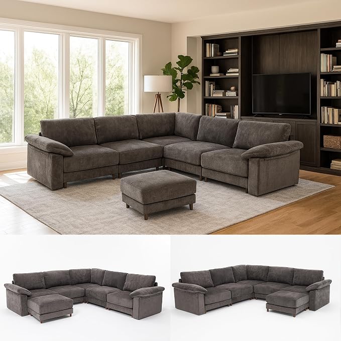 Oversized Modular Cloud Couch with Removable Washable Cover, L/V-Shaped Sectional for Large Living Room, Plush Chenille & Deep Seat(Grey)