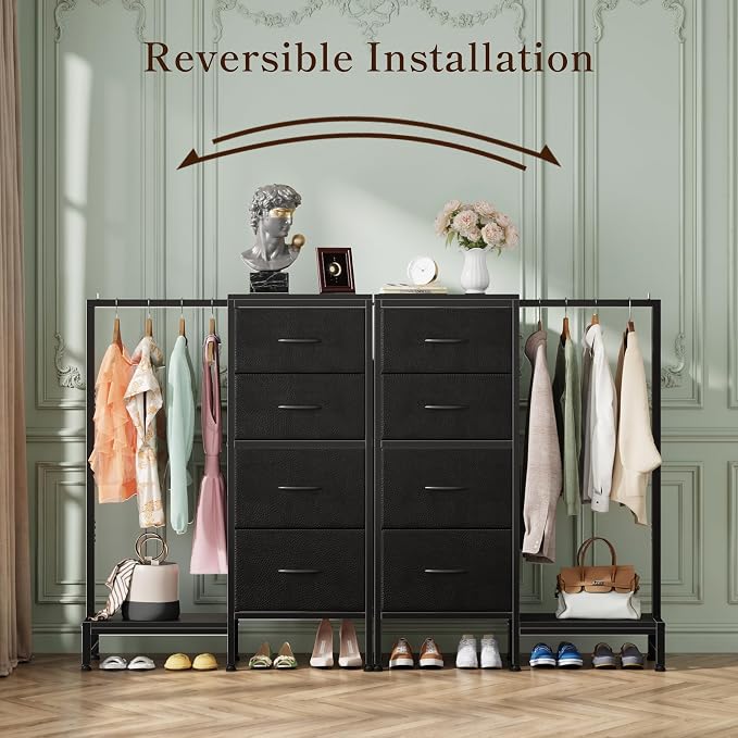 HIGDBFE Tall Dresser 44''H with Hanging Rack, 4 Drawers Small Closet Dresser for Bedroom, Reversible Fabric Chest of Drawers with Clothes Rack, Tall Storage Tower, Sturdy Frame, Black