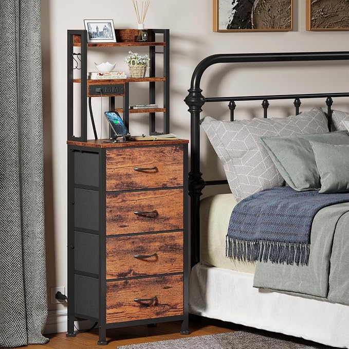 Furnulem Tall Night Stand, LED Nightstand with Charging Station and USB Ports, 4 Fabric Drawers and 4 Tier Storage Shelf, Bedside Table for Bedroom, Home, Dorm, Office (Rustic Brown)