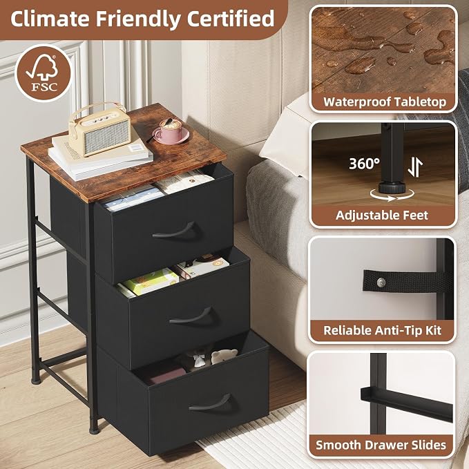 Somdot Dresser for Bedroom with 3 Drawers, Storage Organizer Chest of Drawers with Removable Fabric Bins for Closet Bedside Living Room Laundry Entryway Hallway, Black Rustic Brown