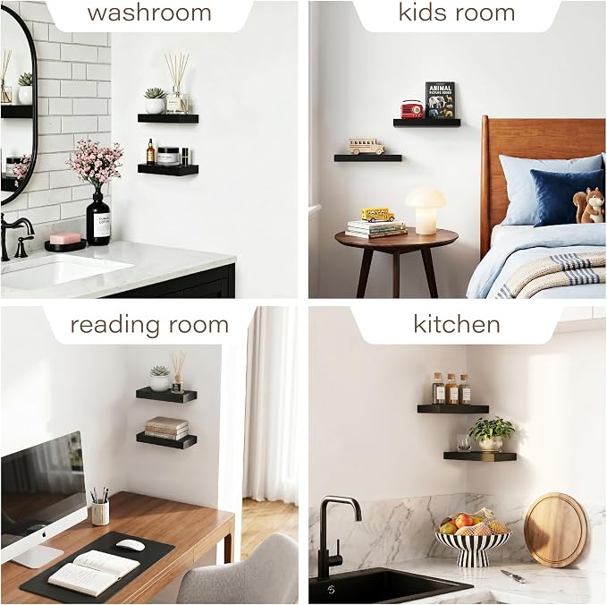 Floating Shelves Set of 2,11.8'' Wood Wall Shelves with Invisible Bracket for Living Room,Bedroom,Kitchen,Bathroom,Black