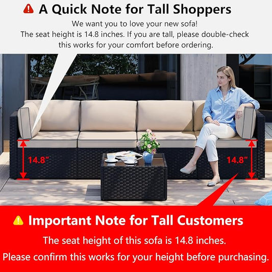 Shintenchi 5 Pieces Outdoor Patio Sectional Sofa Couch, Black PE Wicker Furniture Sets, Patio Conversation Sets with Washable Cushions Glass Coffee Table for Garden, Poolside, Backyard,(Khaki)
