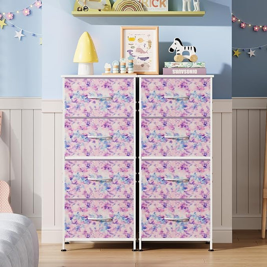 WLIVE Dresser with 4 Drawers, Storage Tower, Organizer Unit, Fabric Dresser for Bedroom, Hallway, Entryway, Closets, Sturdy Steel Frame, Wood Top, Easy Pull Handle, Tie-dye Print (Pink, Purple, Blue)