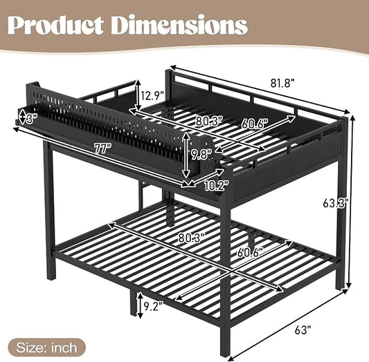 Bellemave Bunk Bed Queen Over Queen,Metal Bunk beds with Storage Shelves USB Ports and LED Lights, Black