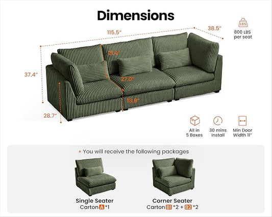 115" Oversized Corduroy Couch Modular Sectional Sofa, Washable Cloud Couch Sectional, 3 Seater Sectional Couches for Living Room, Fully Cover Removable, Basic 3 Seater, Corduroy, Green
