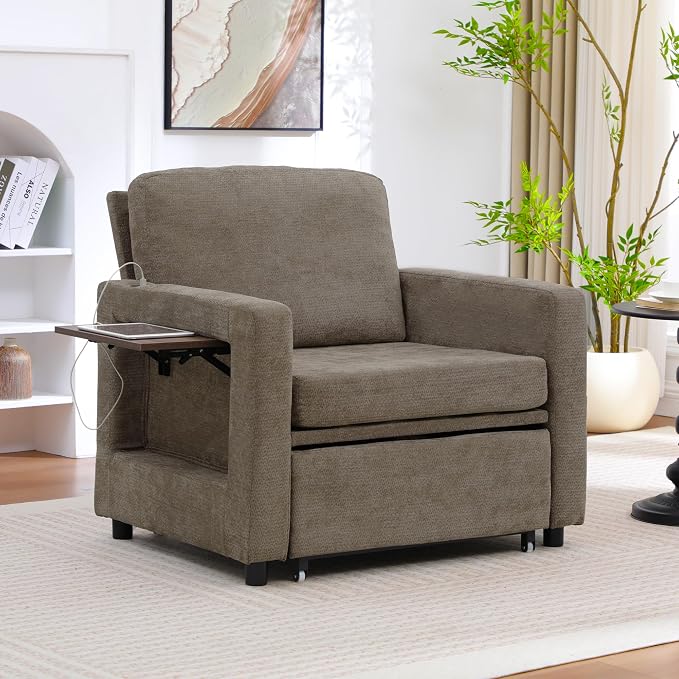 3 in 1 Folding Convertible Sleeper Sofa Bed Pull Out Couch with Side Pockets USB Port Side Table Single Sofa Bed with Adjustable Backrest for Living Room Bedroom 66" Darkbrown 1 SEAT