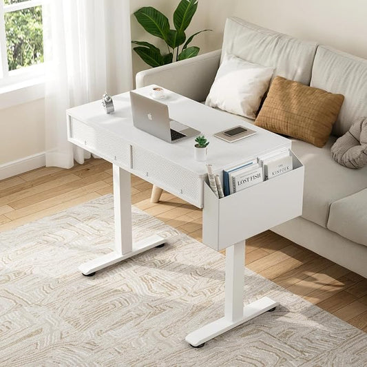 KLUVIS Electric Standing Desk with Drawers, 32 Inch White Small Height Adjustable Sit Stand Desk with Storage for Small Space Home Office Bedroom, Study Writing Stand up Computer Desks for Girls Work