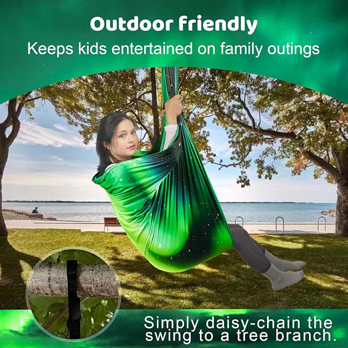 HiCamer Double Layer Sensory Swing for Kids & Adults Holds up to 300lbs Indoor and Outdoor Therapy Cuddle Swing with 360° Swivel Hanger Kit Adjustable Swing with Aspergers Autism ADHD (Aurora Green)