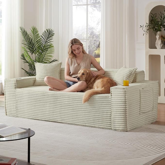 80.7" Boneless Sofa Couches with Cup Holder,3 Seat Couch with Side Pocket, Cloud Couch for Compact Living Rooms, Apartments (Camel, 3 Seat Sofa)