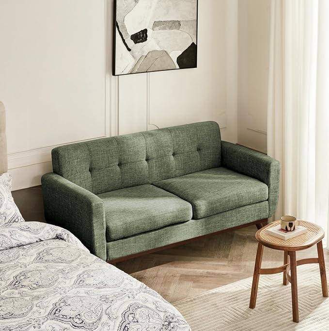 Kingfun 65.2" W Loveseat Sofa, Mid Century Modern Decor Love Seat Couches for Living Room, Button Tufted Upholstered Furniture, Solid & Easy to Install Small Couch for Bedroom Office Apartment, Green