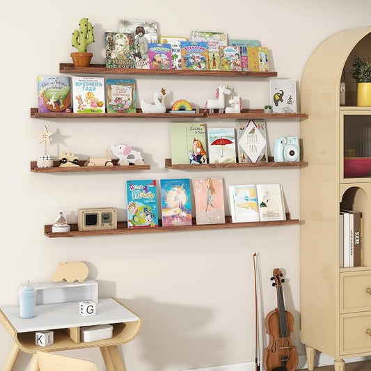 Fun Memories Picture Ledge Shelves Set of 2, 32 Inch Rustic Wall Mounted Floating Shelves with Lip for Home Storage and Décor in Bathroom, Kitchen, Nursery, Bedroom, Living Room, Walnut