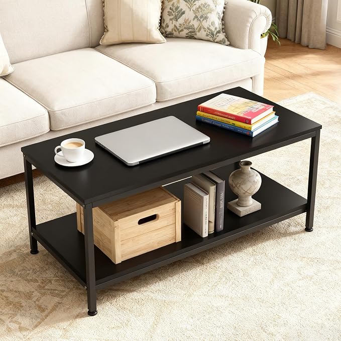 SUPER DEAL 2-Tier Coffee Table with Storage Shelf for Small Apartment Living Room, Rectangle Wood and Stable Metal TV Stand Side End Table, Black