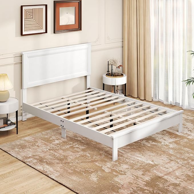 GOFLAME Full Size Wood Bed Frame, Mid-Century Modern Platform Bed with Headboard, Solid Wood Legs, Mattress Foundation with 12 Wooden Slats, No Box Spring Needed, White