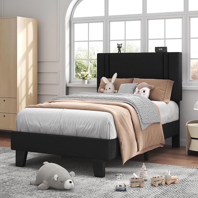 Feonase Twin Platform Bed Frame, Velvet Upholstered Twin Bed Frame, Solid Wood Slats & Heavy Duty Feet Support, No Box Spring Needed, Noise-Free, Easy Assembly, Black
