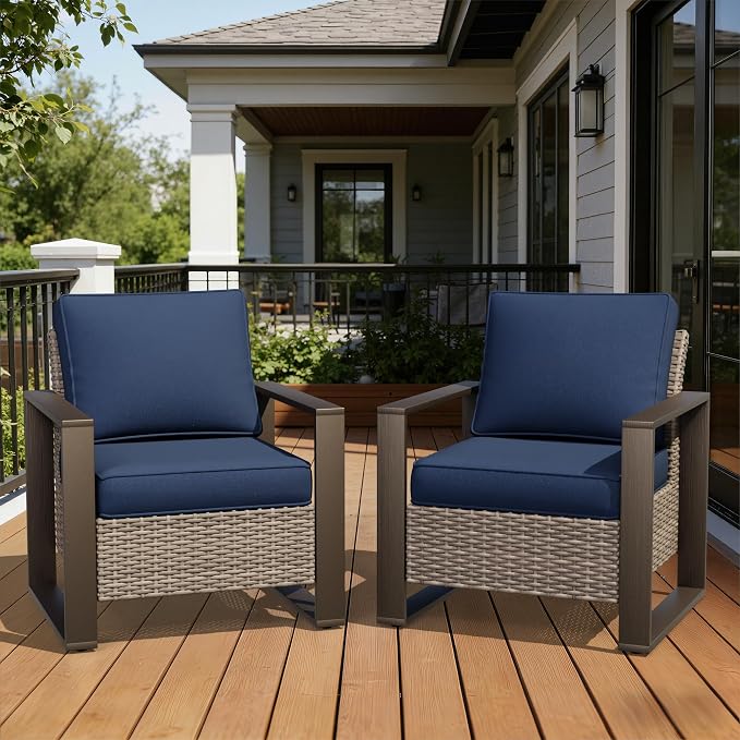 Joyside Outdoor Patio Chairs Set, 2 Pieces Wicker Rattan Chairs with Metal Wide Armrest, Thick Cushions and Deep Seating for Garden, Backyard, Porch, Deck