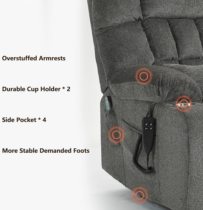 JIKFRIMA Power Lift Recliner Chair for Elderly, Dual Motor Lift Chair with Heat and Massage, Lay Flat Lift Chair for Adults, Cup Holders, Lumbar Pillow, Chenille,Dark Grey