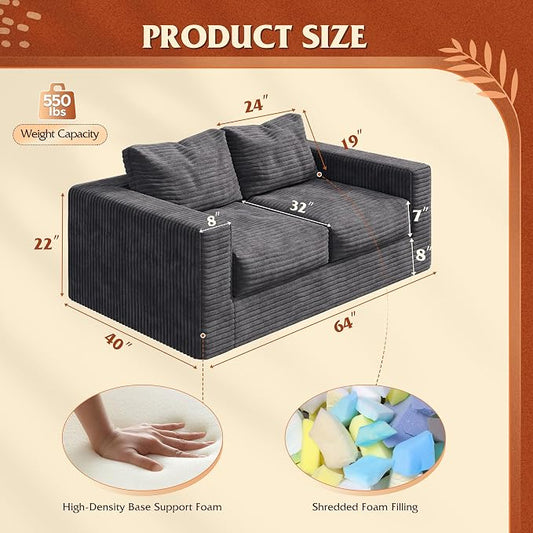 WLIVE 64'' Boneless Loveseat, Couches for Living Room, Bean Bag Couch for Adults, with Pillows, Giant Floor Couch, Plush Sofa, Grey, Loveseat