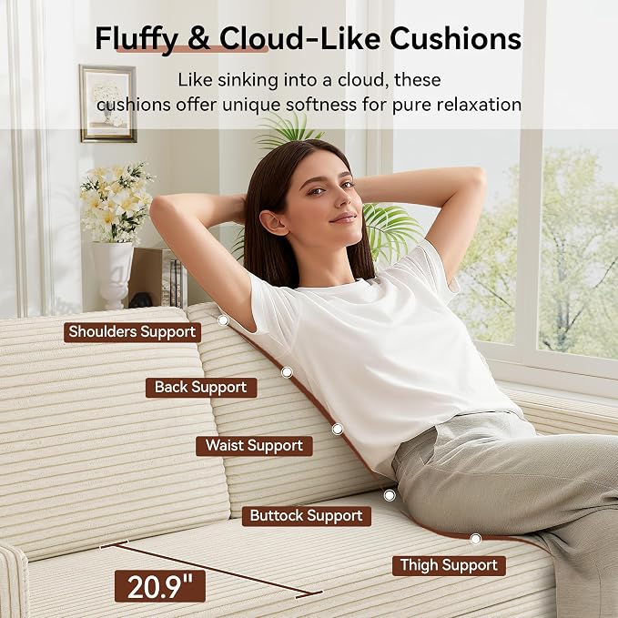 Vipbear 65.4" Loveseat Sofa,Mid-Century Modern Small Couches for Living Room, Bedroom, Office,Comfy Beige Corduroy Couch with Spring Cushion, Solid Wood Frame, Tool-Free Assembly