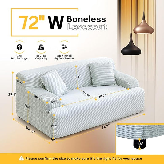 VINGLI 72" W Boneless Loveseat Sofa, Cloud Corduroy Couch in a Box, Compressed Deep Seat Sofa with 10.6" Wide Curved Armrests, Easy Assembly Required for Living Room, Apartments & Office, Light Blue