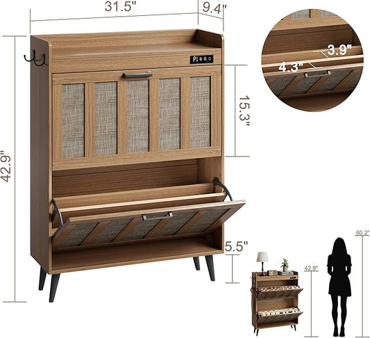 ChooChoo Shoe Storage Cabinet with 2 Flip Drawers, Deodorizing Shoe Organizer Storage for Entryway, Freestanding Hidden Slim Narrow Shoe Rack Cabinet, Rustic Oak
