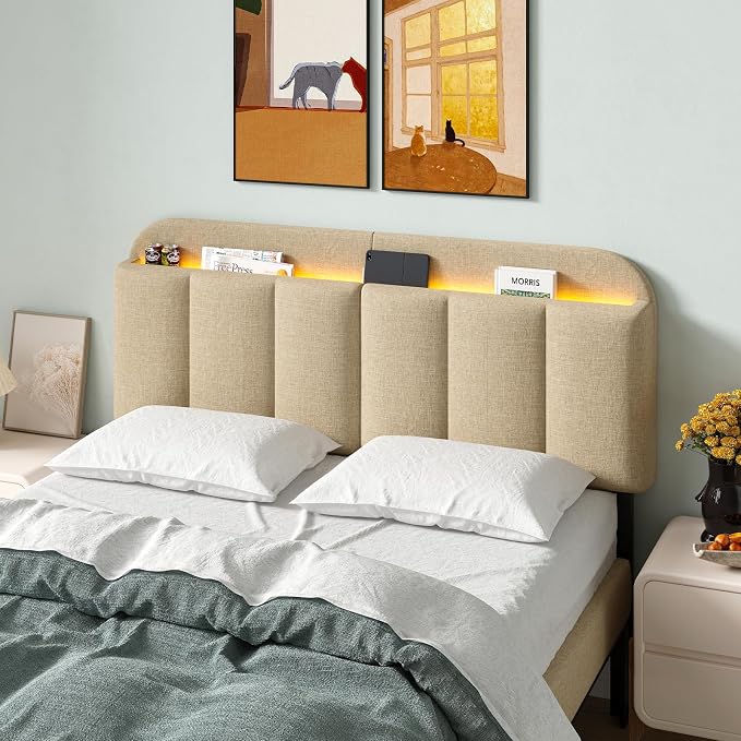 Adjustable Headboard for Full/Queen Size Bed Frame, Linen Fabric Bed Headboard with Storage & RGB LED Light in Modern Vertical Channel Design, Beige