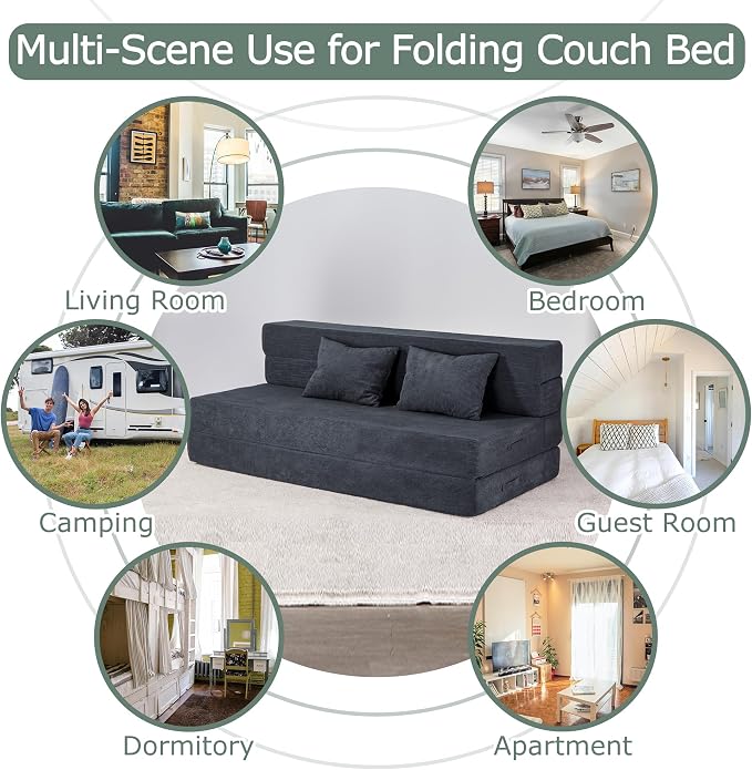Folding Sofa Bed, 4 in 1 Convertible Sleeper Chair with Pillow, Queen Memory Foam Fold Out Chair Bed, Modern Floor Futon Sofa Couch Mattress for Living Room/Guest/Apartment, Dark Grey