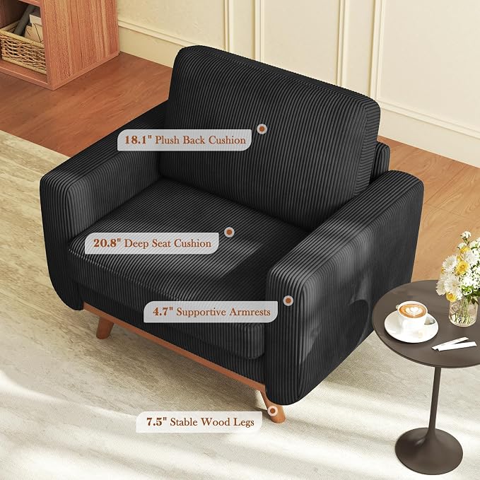 Vesgantti 38.5" Accent Chair Black, Comfy Corduroy Single Sofa Seat with Spring Cushion, Upholstered Armchair with Deep Seat, Reading Chair for Adults, Modern Sofa for Living Room, Bedroom