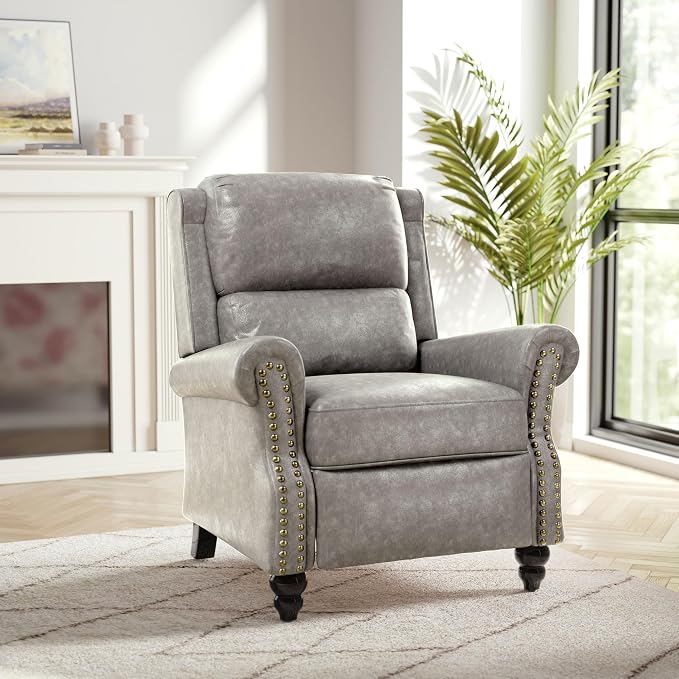Faux Leather Recliner Chair, Modern Pushback Armchair with Adjustable Backrest & Footrest for Bedroom, Living Room (Grey, Set of 2)