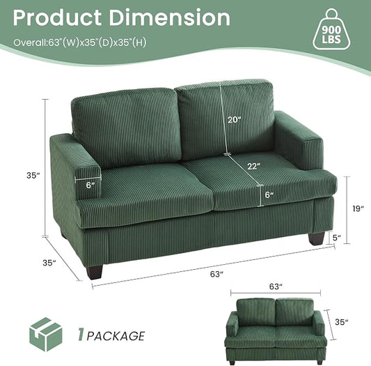 YOUDENOVA Sofa, 63” Comfy Loveseat Sofa with Deep Seats, Couch for Living Room, Modern Sleeper Couch, Green Corduroy