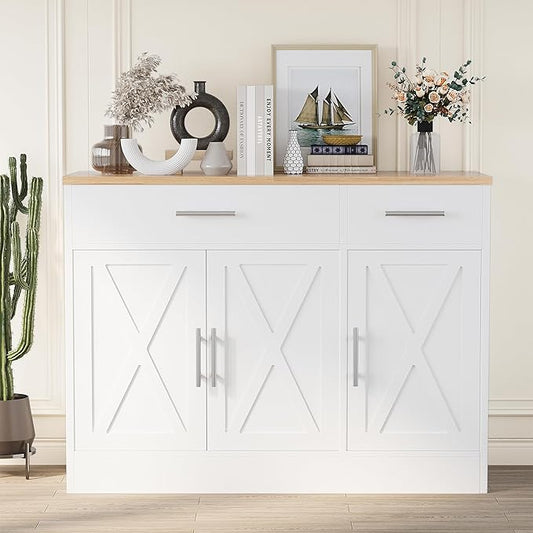 Shintenchi Modern Farmhouse Sideboard Buffet Cabinet with Storage with 3 Doors,42" Barn Doors Buffet Cabinet with Storage, Wood Coffee Bar Cabinets with Adjustable Shelf for Kitchen Living Room,White