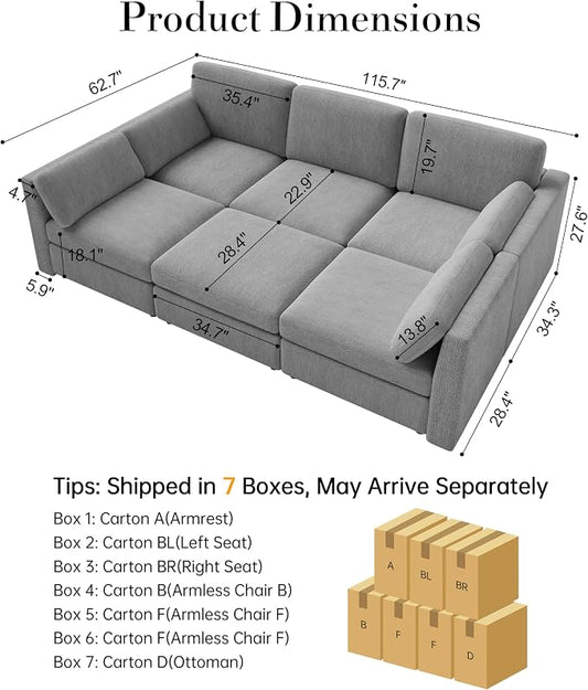 Oversized Modular Sectional Sleeper Sofa Bed Cloud Couches Gray | Deep Seat Couch for Living Room, 6-Seater Luxury Comfortable Sofa with Ottoman, Solid Wood Frame, Removable Washable Cover
