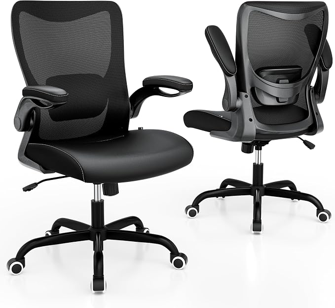 MUXX.STIL Office Chair, PU Leather Ergonomic Desk Chair with Adjustable Lumbar Support and Flip up Armrest, Breathable Mesh Computer Chair for Home Office, Black