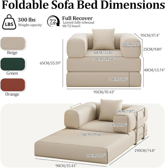 Single Couch Sofa for Small Spaces 2 in 1 Convertible Sofa to Lounger Comfy Bean Bag Chair for Adults with Removable Cover with Pillows for Bedroom, Apartment, Office (Beige, 35.43" Single Sofa)