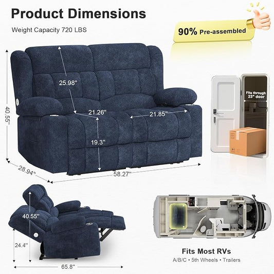 RV Loveseat Recliner Sofa, Reclining Loveseat Home Theater Seating with USB Ports, Cup Holders, Insert Pockets, Wall Hugger RV Recliners for Movie Room, Recline Movie Seats Gaming Sofa, Blue