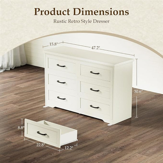 AODK Farmhouse 6 Drawer Dresser for Bedroom, 47” Wide Rustic Storage Dresser with Engineered Wood Frame, Anti-Tip Safety Chest, American Country Bedroom Furniture, Vintage White