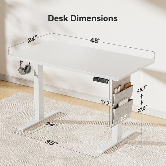Marsail Standing Desk Adjustable Height Home Office Desk,48x24 Electric Standing Desk, Stand up Desk with Storage Bag,Headphone Hook for Computer Workstations Desk Memory Preset