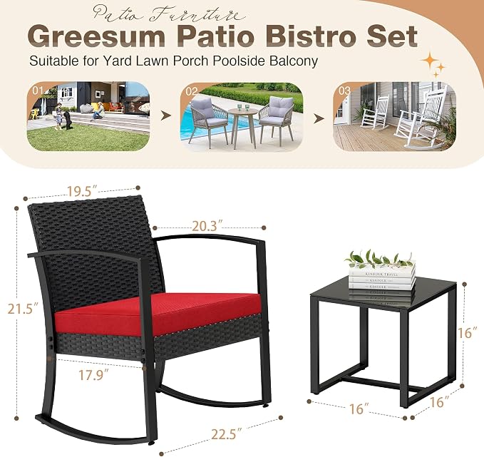 Greesum 3 Piece Patio Furniture Set, All-Weather Imitation Rattan Conversation Set, Outdoor Rocking Chair Bistro Set with Glass Top Coffee Table for Pool, Deck, Porch, Garden or Balcony, Red
