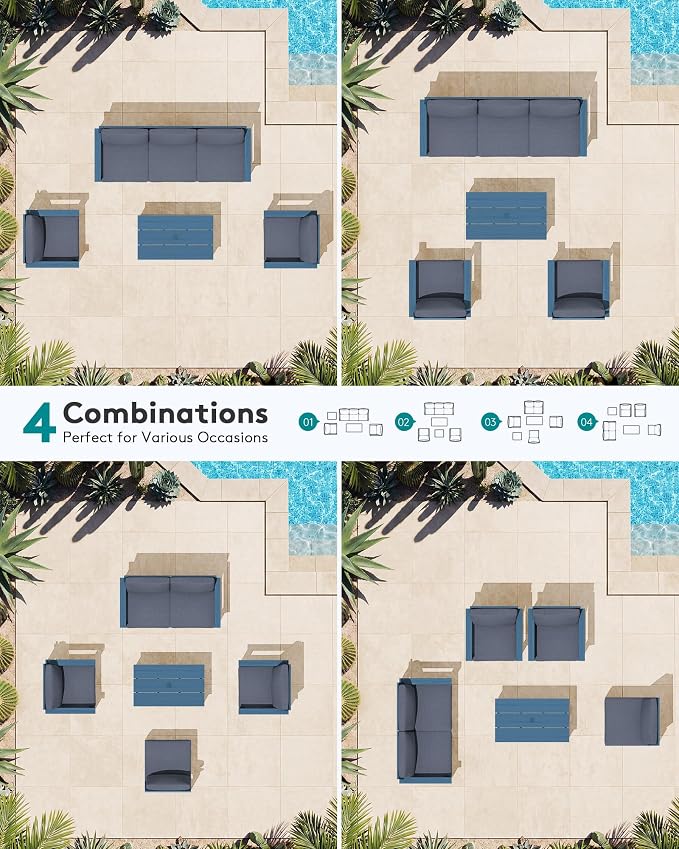 SERWALL HDPE Patio Conversation Set, 6-piece Sectional Outdoor Furniture Set, All Weather Outdoor Couch Set Patio Furniture Set for Deck, Lawn, Blue Frame with Grey Cushion