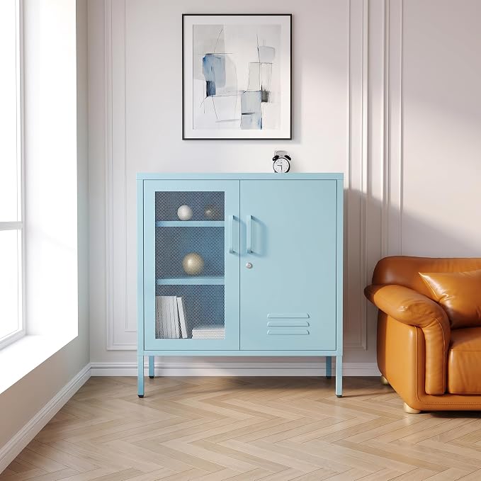 Recessed Double Adjustable Shoe Cabinet with Lock Steel Storage Cabinet for Foyer Living Room Bathroom Kitchen Blue Size:33" H x 29.5" W x 13.8" D