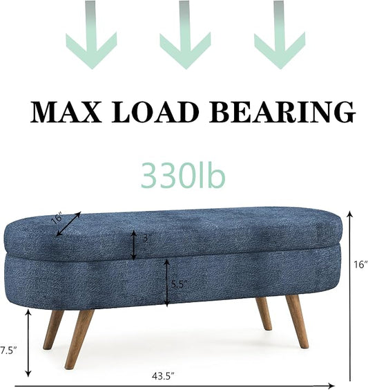 43.5" Ottoman with Storage, Storage Ottoman Bench with Safety Hinge, Foam End of Bed Bench, Upholstered Entryway Bench for Bedroom, Living Room & Window, Holds up to 330 lb, Dark Blue