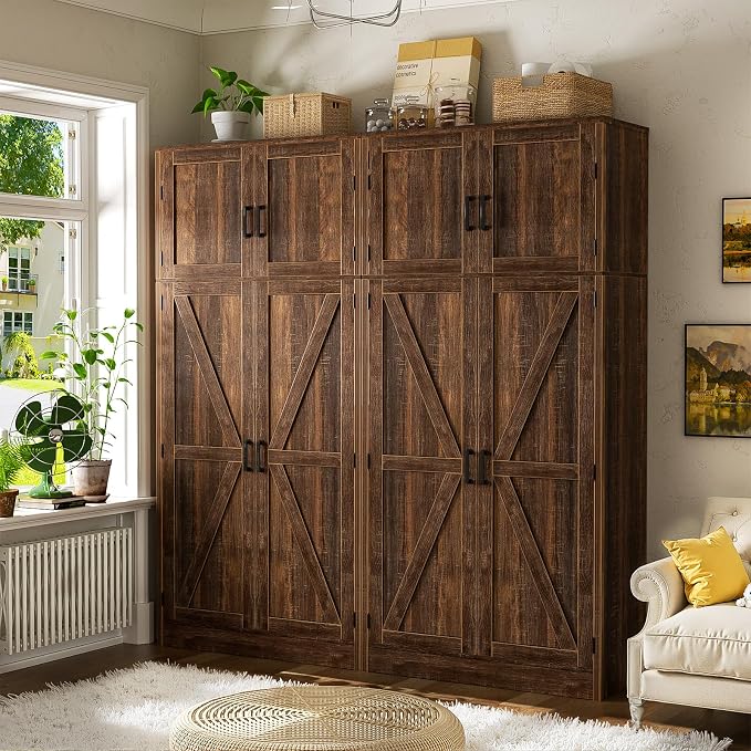 Unikito 71” Tall Storage Cabinet, Farmhouse Kitchen Pantry Cabinet with Adjustable Shelves and Barn Doors, Versatile Storage Cupboard for Dinning Room, Bathroom, Living Room, Weathered Brown, 2 Pack