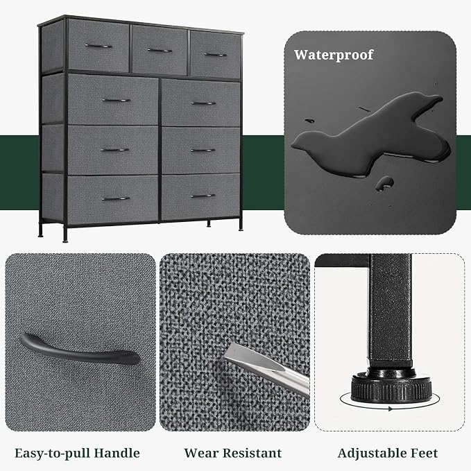9-Drawer Dresser for Bedroom, Anti-Tip Tall Storage Organizer Chest of Drawers with Wooden Top and Metal Frame Fabric Bins for Closet, Living Room, Hallway, Entryway, Gray
