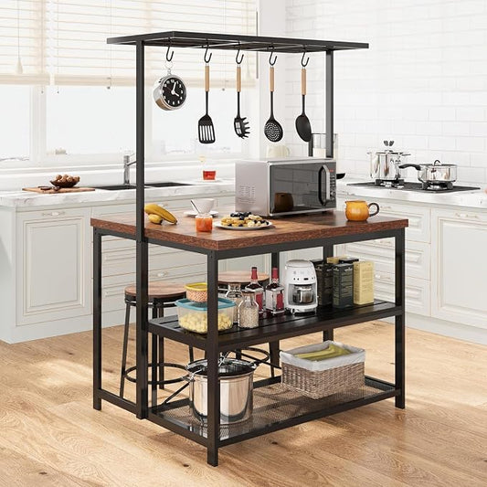 GarveeHome Kitchen Island with Storage, 42''Island Table for Kitchen with Seating Bakers Rack Microwave Oven Stand Shelf with 3 Tier Storage Shelf for Dining Room Living Room, 5 Hooks 42"*28"*72"
