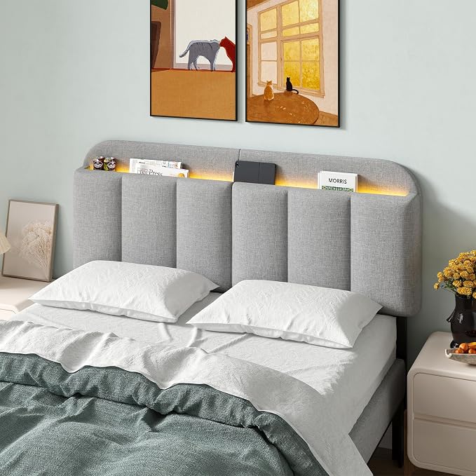 Adjustable Headboard for Full/Queen Size Bed Frame, Linen Fabric Bed Headboard with Storage & RGB LED Light in Modern Vertical Channel Design, Light Grey